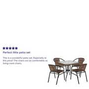 Rent to own 28'' Square Glass Metal Table with Dark Brown Rattan Edging and 4 Dark Brown Rattan Stack Chairs