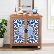 Rent to own Sophia & William 2-Door Rustic Accent Cabinet with Blue and White Porcelain Pattern