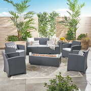 Rent to own Alexa Outdoor 7 Piece Wicker Print Chat Set with Fire Pit and Tank Holder, Charcoal, Light Gray, Dark Gray