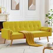 Rent to own Mid-Century Linen Fabric Convertible Sofa Bed Sofa Couch,Modern Love Seats Sofa Furniture,Upholstered Button Tufted Couch with 2 Bolster Pillows for Living Room Apartment,Yellow