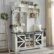 Rent to own T4TREAM 77" High Entryway Bench with Sliding Barn Door and 20 Shoe Cubbies, Farmhouse Hall Tree with Coat Rack and Storage Bench (White)