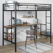 Rent to own Twin Loft Bed Frame with Desk for Teens Kids, Classic Metal Bed Frames in Twin with Desk Ladder and Guardrails, Kids Bed Frame, Black, LJ503