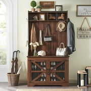 Rent to own T4TREAM Farmhouse Entryway Hall Tree with Storage Bench, Shoe Cubbies and Coat Rack, Brown