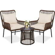 Rent to own VIVIJASON 3-Piece Outdoor Conversation Bistro Set, All-Weather Patio Wicker Modern Furniture Small Balcony Chat Set w/ 2 Rattan Chairs, Cushions, Glass Top Side Table for Porch Backyard, Dark Brown