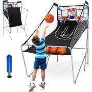 Rent to own Goplus Foldable Dual Shot Basketball Arcade Game, Indoor Outdoor Basketball Game Machine with Electronic Scoring System, 8 Game Modes, 4 Balls, 2 Hoops, Inflation Pump, for Kids Youth Adults