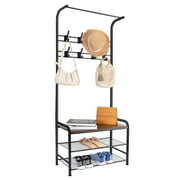 Rent to own Hall Tree with Entryway Bench with Coat Rack Freestanding Shoe Rack Bench, 3 in 1 Hall Tree with Bench and Shoe Storage, Multifunction Mudroom Bench with Steel Frame, 3-Tier Storage Shelf and 8 Hooks