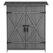 Rent to own LZBEITEM 64" Wooden Outdoor Garden Storage Shed，Furniture Tool Shed Double Doors，Asphalt Roof Wood Storage Cabinet with Lock and Shelves,Gray