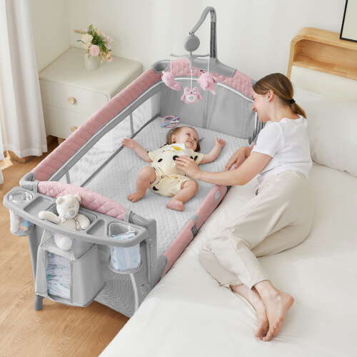 Rent To Own - Flat Bedside Sleeper Bassinet with Wheels and Folding Frame - Pink