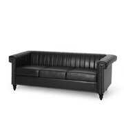 Rent to own Noble House Gambier Upholstered Channel Stitch 3 Seater Sofa with Nailhead Trim, Midnight Black and Dark Brown