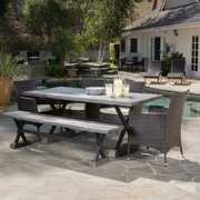 Rent to own Olivia Outdoor 6 Piece Lightweight Concrete Dining Set with Bench, Brown, Black, and Beige