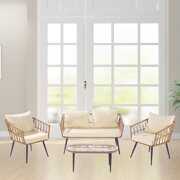 Rent to own 4 Piece Patio Set, PE Rattan Outdoor Patio Conversation Set with Tempered Glass Coffee Table, Loveseat Sofa, 2 Single Sofa Chair, All Weather Furniture Sofa Set for Porch Balcony Poolside, Beige