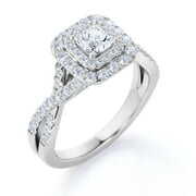 Rent to own 1 Carat Princess Cut Moissanite Engagement Ring - Bridal Set - Double Halo Ring - Cluster Ring - 18k White Gold Over Silver