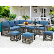 Rent to own AECOJOY Outdoor Furniture Set, 7-Piece Rattan Wicker Sectional Sofa Couch, Patio Conversation Set with Dining Table & Chair in Navy