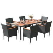 Rent to own Homall Outdoor Patio 7 Piece Rattan Table And Chairs Set Waterproof Acacia Wood Table Top with Cushioned Seats,Brown