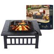 Rent to own KingSo 32'' Square Fire Pit Table with screen Metal BBQ Grill Pit Wood Burning Pit Bonfire Pit for Outdoor Chimenea, Patio Camping, Heating, Picnic in Backyard Garden Bonfire-Black