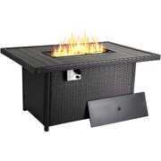 Rent to own HOMFY 54'' PE Rattan Gas Fire Pit Table, 55000 BTU 2-in-1 Rectangular Outdoor Propane Fireplace, Auto Ignition, for Garden Courtyard Backyard