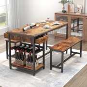 Rent to own Gyfimoie Dining Table Set for 4, 54.7" Kitchen Table with 2 Benches, Dining Room Table Set with Storage Drawers and Shelf, 3-Piece Breakfast Nook Table with Wine Rack and Glass Holder, Rustic