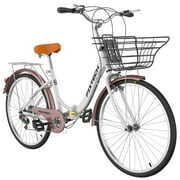 Rent to own FIXTECH 7 Speed Foldable Comfort Cruiser Bike, 26 inch with Basket for Women and Girls, White