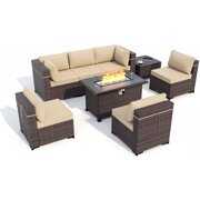 Rent to own Gotland Outdoor Patio Furniture Set 8 Pieces Rattan Wicker Sectional Sofa with 43.3" Gas Fire Pit Table,Sand