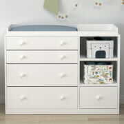 Rent to own Timechee Nursery Dresser Baby Dresser with 5 Drawer & 2 Shelves, White Wood Chest of Drawers for Storage, Bedroom Living Room Nursery, White (47.2L x 19.7W x 33.3H)