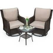Rent to own Outdoor 360° Swivel Rocker Patio Chairs Set of 2 and Matching End Table, IDEALHOUSE 3 Pieces Wicker Patio Bistro Set with Premium Fabric Cushions for Yard, Garden, Balcony (Beige, Encryption Rattan)