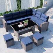 Rent to own Kullavik 7 Pieces Outdoor Patio Furniture Set, All-Weather Patio Outdoor Dining Conversation Sectional Set with Coffee Table, Wicker Sofas, Ottomans, Removable Cushions,Navy Blue