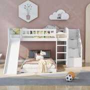 Rent to own Solid Wood Bunk Beds, SYNGAR Twin over Twin Bunk Bed for Kids Teens, Space Saving Beds Frame W/ Slide, Stair W/ Storage, Ladder, Guardrail, Convertible into Twin Loft Bed & Platform Bed, White, D5666