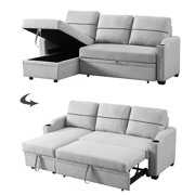 Rent to own Convertible Sofa Bed with Pull-out Seat, 82Inch L-shaped Sectional Sofa Couch with Storage Chaise and Cup Holders on Armrests, Modern Corner Sofa Bed with Backrest for Living Room, Light Gray