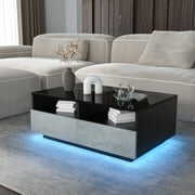 Rent to own Hommpa Coffee Table RGB LED Rectangular Center Table with Remote Control Mordern Sofa Side Cocktail Storage Tables Gray Black for Living Room