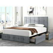 Rent to own Amolife King Size Platform Bed Frame with Headboard and 4 Storage Drawers, Button Tufted Style, Light Grey, Mattress Not Included