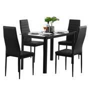 Rent to own Zimtown 5-Pieces Glass Dining Table Set with 4 Leather Chairs, 9 Grid Table Kitchen Room Furniture Black
