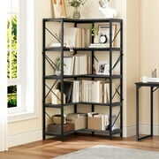 Rent to own 5-Tier L-Shaped Bookcase Storage Organizer, Tall Corner Bookshelf Open Display Freestanding Storage,Dark Gray