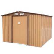 Rent to own Jaxpety 8' x 8' Large Outdoor Storage Shed Garden Tool House Galvanized Steel W/Sliding Door, 4 Vents, Brown