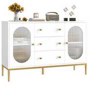 Rent to own Homfa 3 Drawer Storage Cabinet, Modern Wooden Cupboard with 3D Frosted Glass for Living Room, White Finish