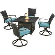 Rent to own Hanover Traditions 5-Piece Chat Set with Four Wicker Back Swivel Rockers in Blue and 38-in. 30,000 BTU Slat-Top Gas Fire Pit Table