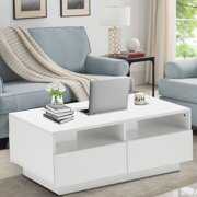 Rent to own Zyyini Modern Glossy White Coffee Table W/LED Lighting, Contemporary Rectangle Design with 4 Drawers and Remote Control Living Room Furniture