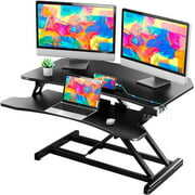 Rent to own ABOX Electric Standing Desk Converter, 32'' Motorized Height Adjustable Stand Up Desk Riser with USB Port, Quick Sit to Stand Tabletop Dual Monitor Riser for Home Office