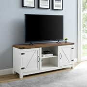 Rent to own Woven Paths Modern Farmhouse Barn Door TV Stand for TVs up to 65”, White/Barnwood