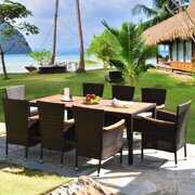 Rent to own Gymax 9PCS Rattan Patio Dining Set w/ 8 Stackable Cushioned Chairs Wooden Tabletop