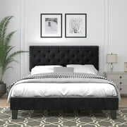 Rent to own Queen Size Velvet Bed Frame with Adjustable Headboard, Upholstered Velvet Platform Bed with Button Tufted and Nailhead Trim, Black