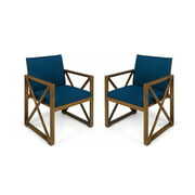 Rent to own Maisie Outdoor Acacia Wood Club Chairs with Cushions, Set of 2, Brown Patina, Dark Teal