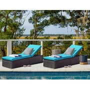 Rent to own Royalcraft 2 Pieces Outdoor Chaise Lounge Chair, Black Wicker Rattan Adjustable Patio Lounge Chair, Steel Frame with Removable Blue Cushions, for Poolside, Deck and Backyard