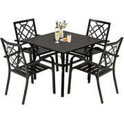 Rent to own SOLAURA 5-Piece Patio Furniture Outdoor Metal Dining Set with Patio Stackable Chairs and Slat Top Dining Table with 1.57" Umbrella Hole - Black