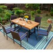 Rent to own MF Studio 7 Pieces Outdoor Patio Dining Set, 6 Cushioned Wicker Chairs & 1 Acacia Wood Table for Yard, Porch, Balcony, Indoor