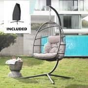 Rent to own Indoor Outdoor Swing Egg Chair with Stand, Patio Foldable Grey Wicker Rattan Hanging Chair with Cushion, Light Gray