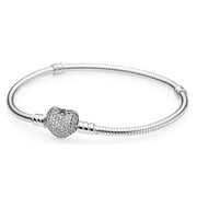 Rent to own Pandora Moments Women's Sterling Silver Snake Chain Charm Bracelet with Pave Heart Clasp
