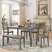 Rent to own 6 Piece Dining Table Set, Wood Kitchen Table Set Dining Dinette Table, Bench and 4 Dining Chairs, Farmhouse Rustic Kitchen Table Set Family Furniture for 6 People, Antique Gray Wash