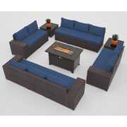 Rent to own ALAULM Outdoor Patio Furniture Set with Gas Fire Pit Table, 13 Pieces Outdoor Furniture Set Patio Sectional Sofa w/43in Propane Fire Pit, PE Wicker Rattan Patio Conversation Sets - Navy