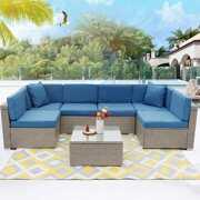 Rent to own Eclife 7 Pieces Wicker/Rattan Outdoor Patio Conversation Sofa Set 6-Person Sectional Seating Group With Cushions and Coffee Table