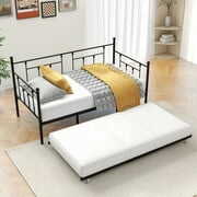 Rent to own Twin Bed Frame, Twin Size Metal Daybed with Trundle, Modern Futon Bed Bedroom Furniture with Metal Slat Support for Kid Adult Teen, Trundle Bed Twin No Box Spring Needed
